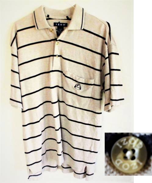 【即決】IZODアイゾッド ロゴ刺入り ストレッチ 鹿の子 コットン半袖ポロシャツ/メンズLベージュ・ボーダー柄/美品/送料198円~♪★拍卖