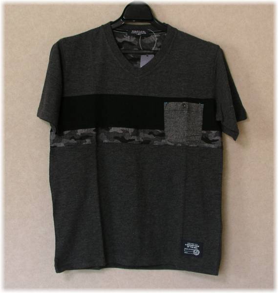 ケングローブ 胸横ストライプ迷彩 Vネック 半袖Tシャツ グレー Lサイズ拍卖