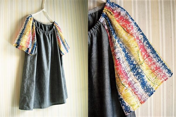 スモックTN★シャンブレーグレー&ぼかしストライプYLBL ハンドメイド 拍卖