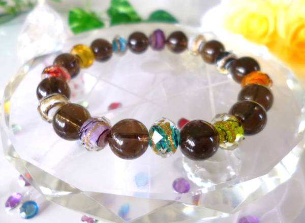 ★大地のエネルギー★波動吸収★邪気払い★スモーキークォーツ★ ☆綺麗な☆とんぼ玉☆カラフルマルチゴールド★10mm★17cm★拍卖