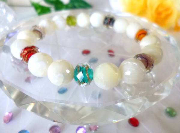 ★恋愛成就★子宝☆繁栄★人魚姫の涙★女神の慈愛★128面ミラー☆マザーオブパール★とんぼ玉カラフルマルチゴールド10mm☆17cm拍卖