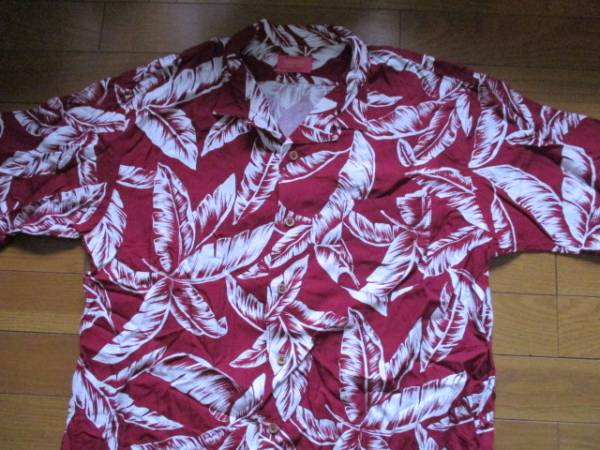 アロハシャツ レーヨン90% 麻10% エンジ色 Lサイズ 木ボタン 総柄拍卖
