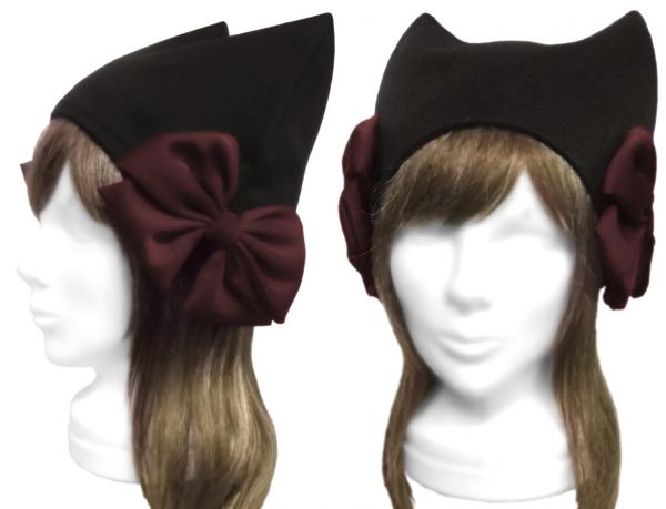 ハンドメイド◆シフォンリボン飾り/猫耳帽子◆コットンニット/ブラック拍卖