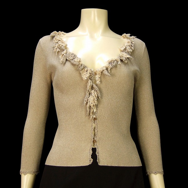 H 美品★EPOCA エポカ★綺麗レース&スパンコール&ビジュー*煌ゴールドラメ入り*豪華7分丈カーディガン*40表記★9~11号*M~L*38~40相当拍卖