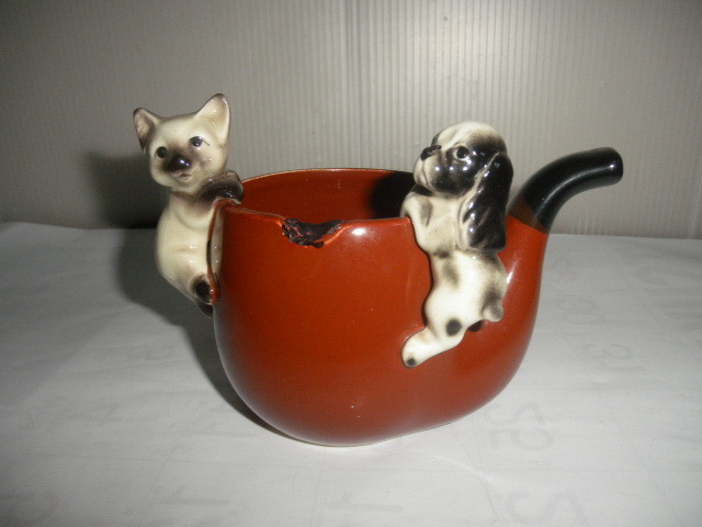 @@@ 園芸 鉢カバー 植木鉢カバー 小物入れ ネコ&犬 陶器 インテリア 雑貨 ペン立て 補正手直しあり拍卖