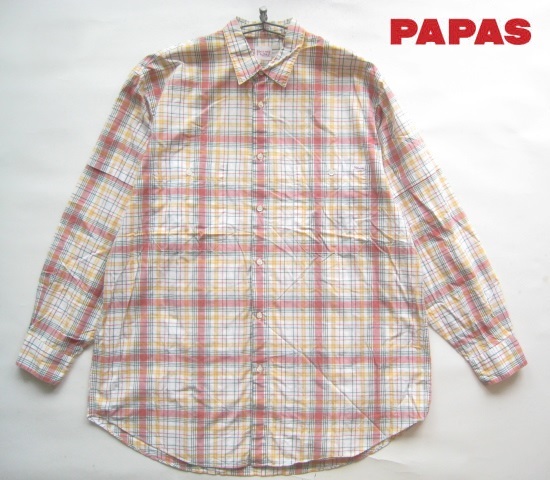 美品!!パパス Papas*ロゴタグ付き チェック柄ダブルポケットシャツ L 白×赤×黄×緑拍卖