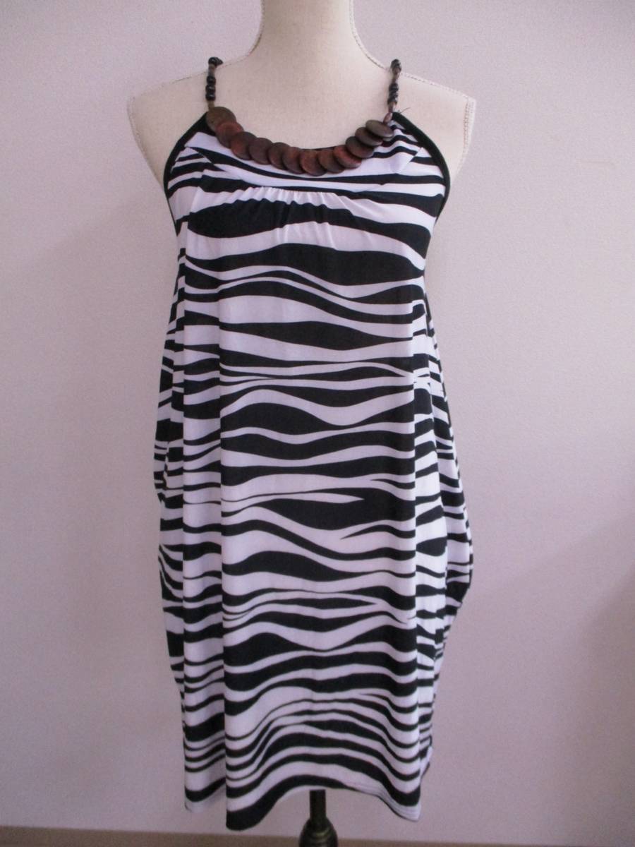 ◎872【送料無料】レディース チュニック ノースリーブワンピース L相当 ブラック×ホワイト ゼブラ柄 Yバック ウッドパーツ 薄手 透け感拍卖