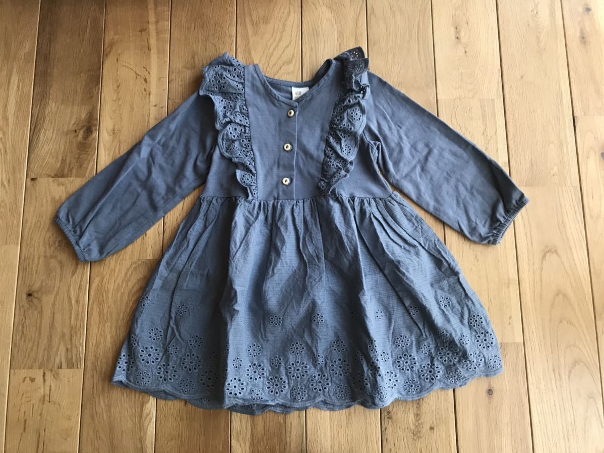 美品 H&M 刺繍ワンピース 長袖 ブルー 85センチ 90センチ 女の子拍卖