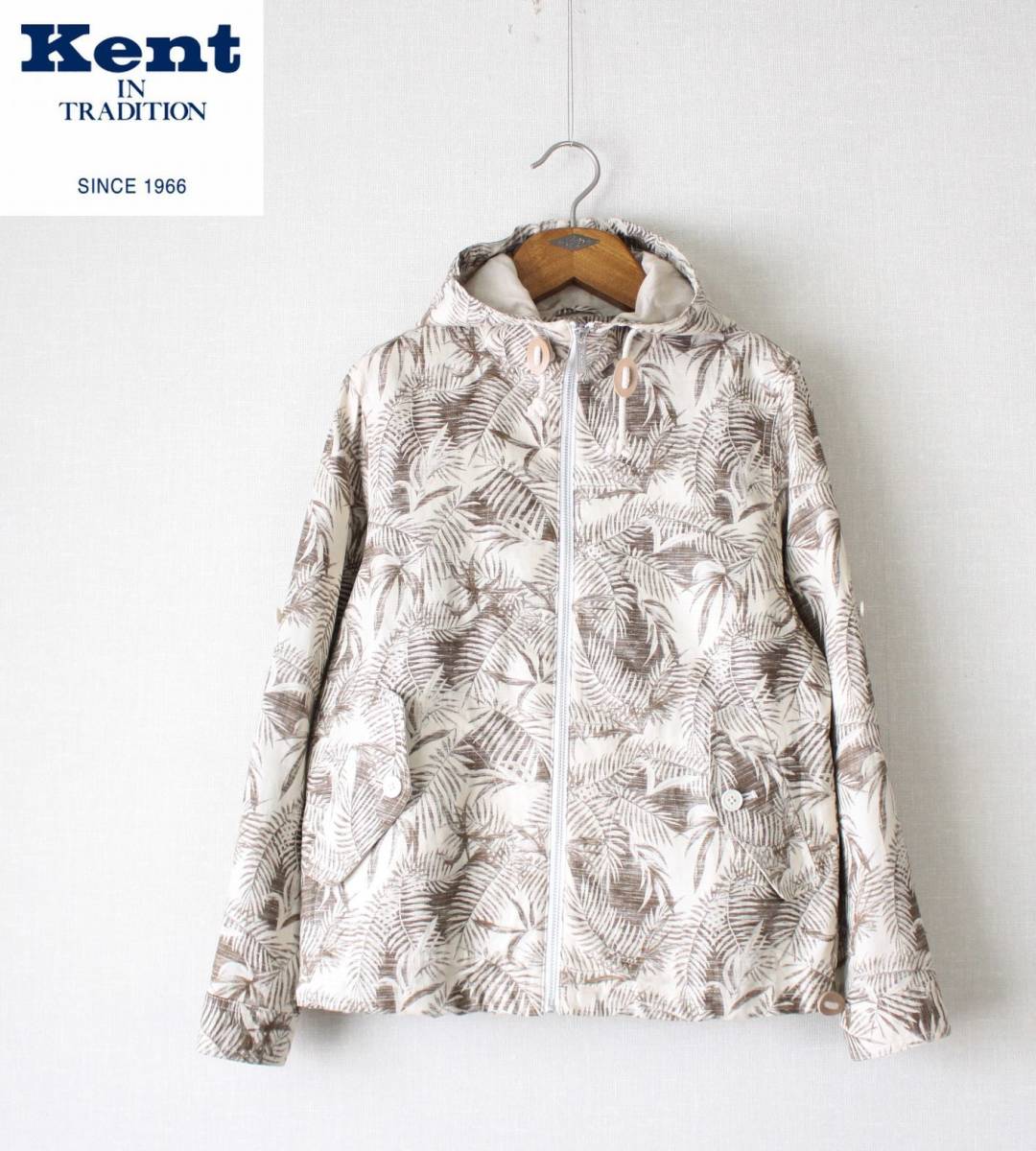 【 Kent IN TRADITION ケント 】リーフパターン リネン フード ジップアップ ジャケット S OKW-22004 綿麻 ロールアップ ボタニカル拍卖