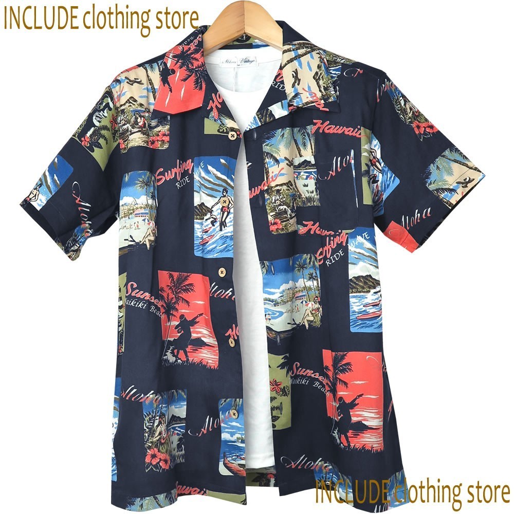 イラスト フォト 総柄 サーフ 半袖 開襟シャツ アロハシャツ クールビズ 夏シャツ 南国 リゾート M 送料込 クリックポスト拍卖