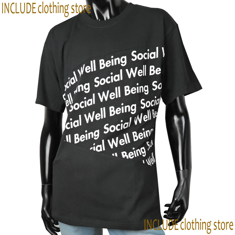 オーバーサイズ ビッグシルエット 半袖カットソー アシンメトリー 半袖T ロゴ 切替パターン メンズ M 黒 送料込 クリックポスト拍卖