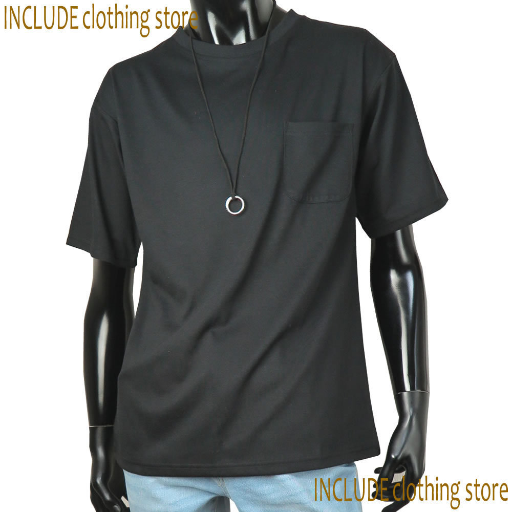 オーバーサイズ ビッグシルエット チョーカー付 半袖カットソー ポケット 無地 半袖T メンズ 黒 L 送料込 クリックポスト拍卖