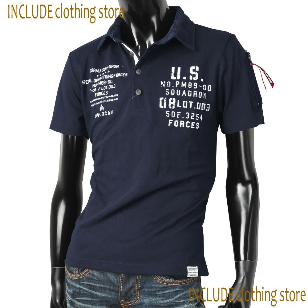 襟付 半袖ポロ シガレットポケット 鹿の子 カノコポロ MA1 MA-1 半袖 ポロシャツ ミリタリー ロゴ M 送料込 クリックポスト拍卖