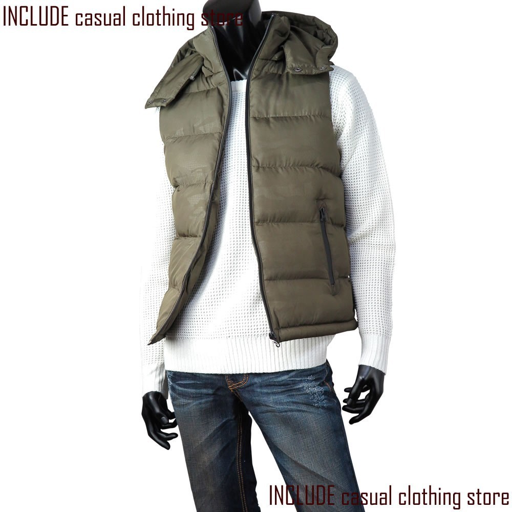 中綿ベスト フード取り外し エンボスプリント 迷彩 カモフラージュ柄 メンズ 防寒 カーキグリーン L 送料込拍卖