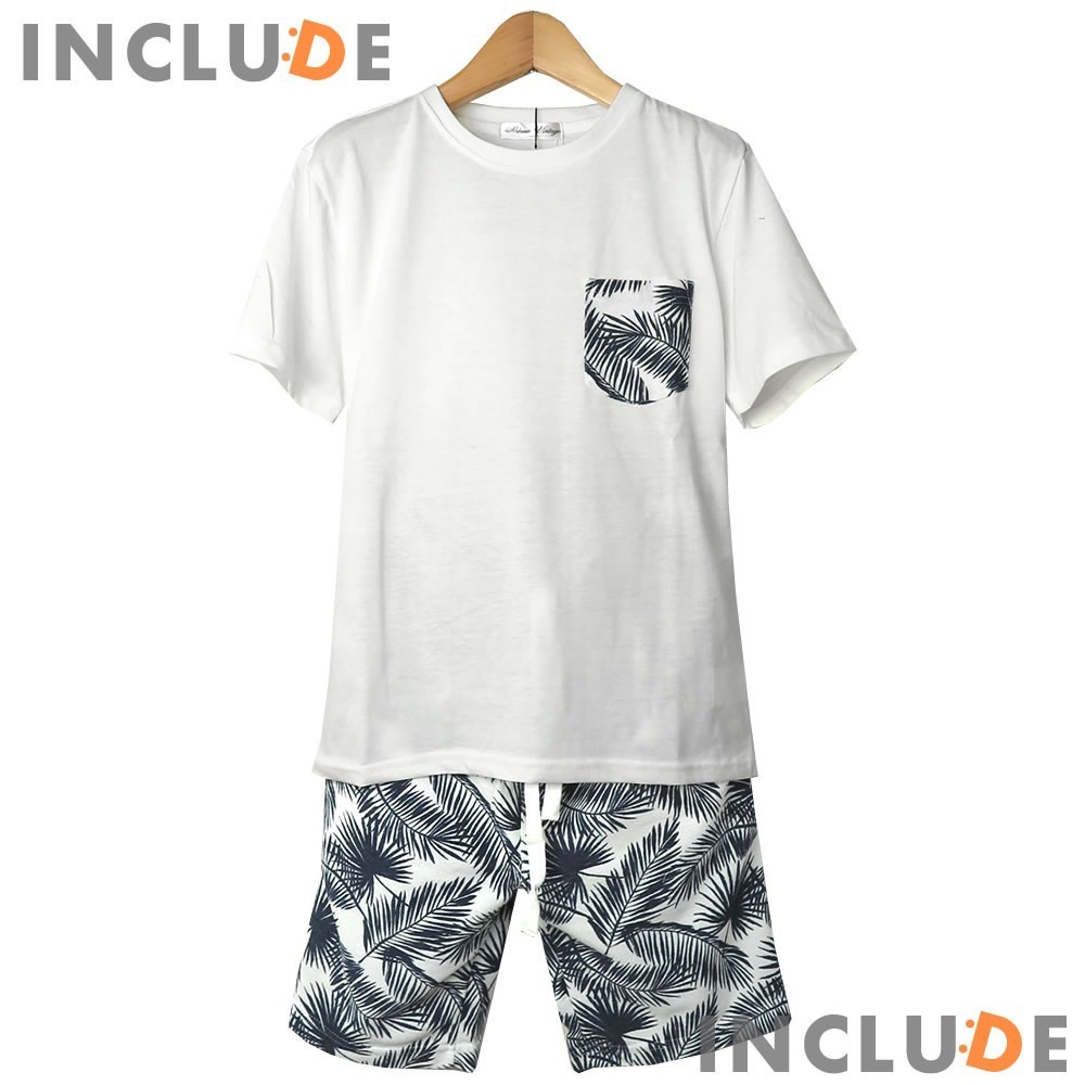 セットアップ 上下セット 半袖Tシャツ ショートパンツ ボタニカル 人気柄 クルーネック M 白 送料込拍卖