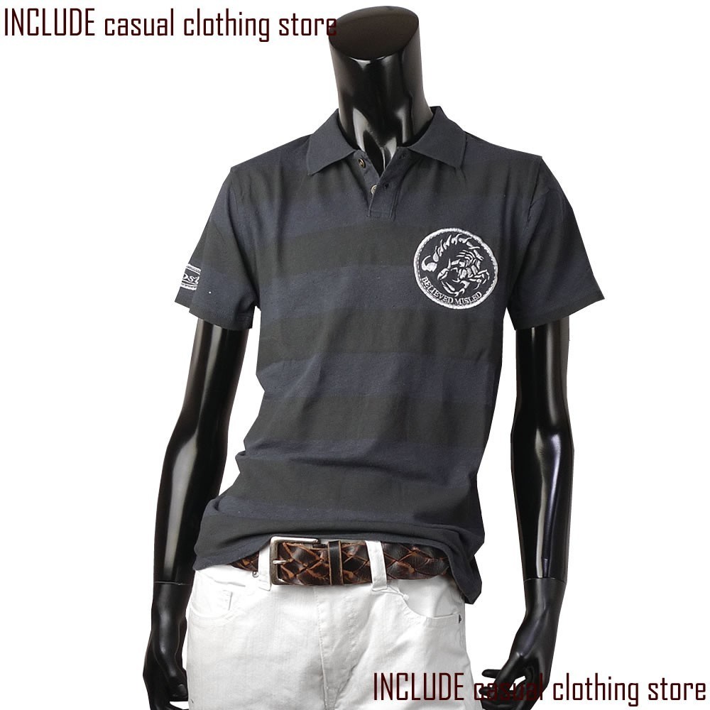 ポロシャツ 半袖ポロ ボーダー ワッペン ヴィンテージ メンズ 黒 チャコール M 送料込 クリックポスト拍卖