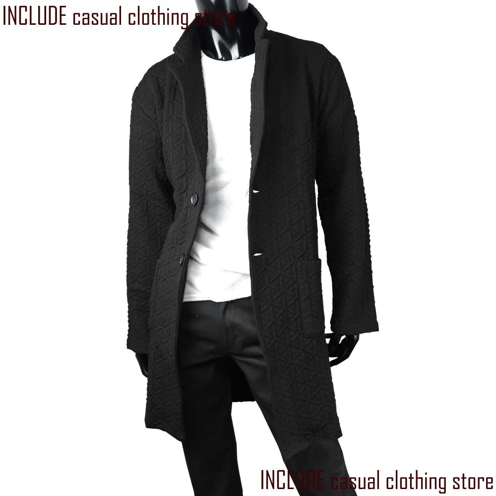 キルト素材 チェスターコート ロング ロングコート ガウンコート 凹凸 メンズ M 黒 送料込拍卖