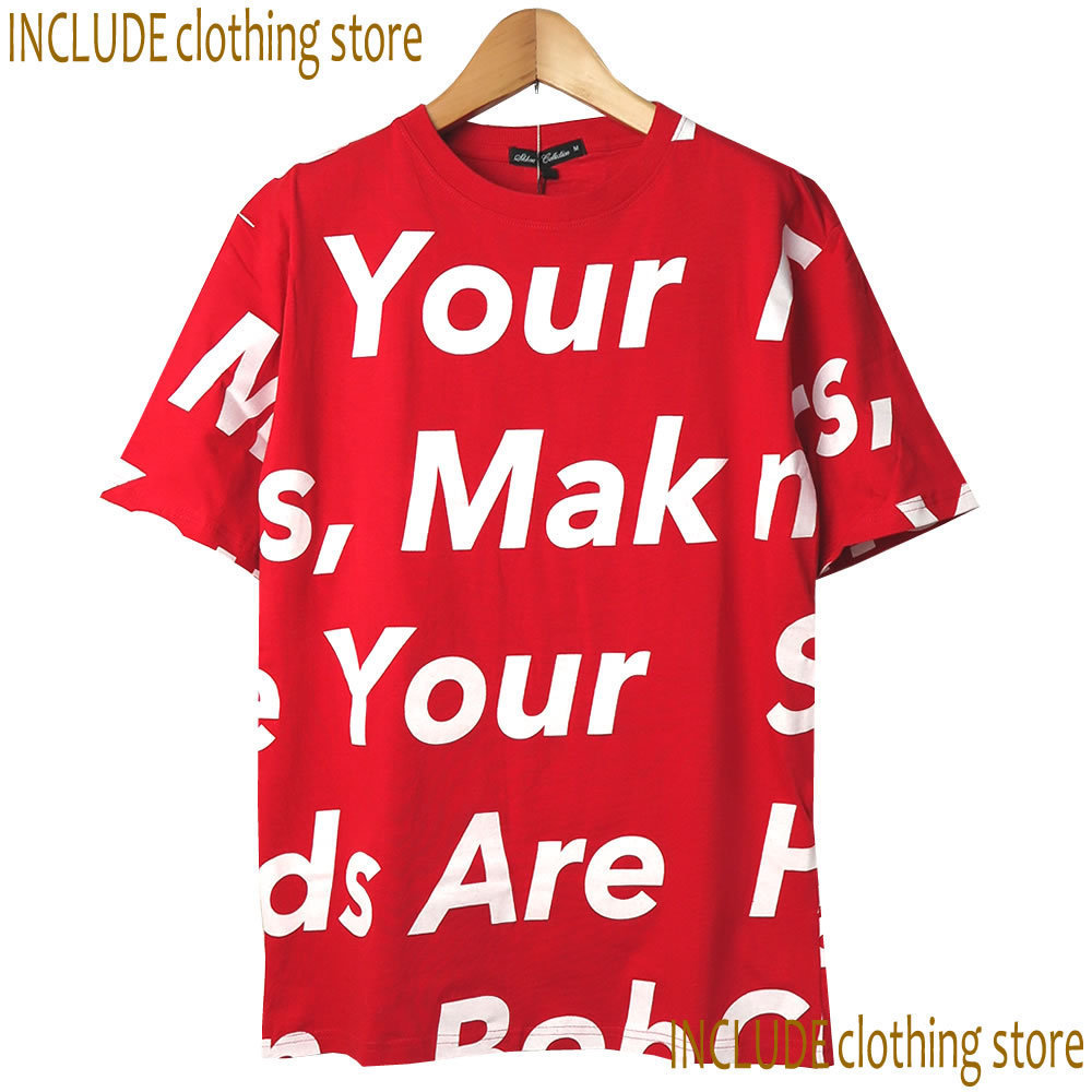 ロゴ 総柄 半袖T オーバーサイズ ビッグシルエット スポーツ ダンス ストリート メンズ レッド M 送料込 クリックポスト拍卖