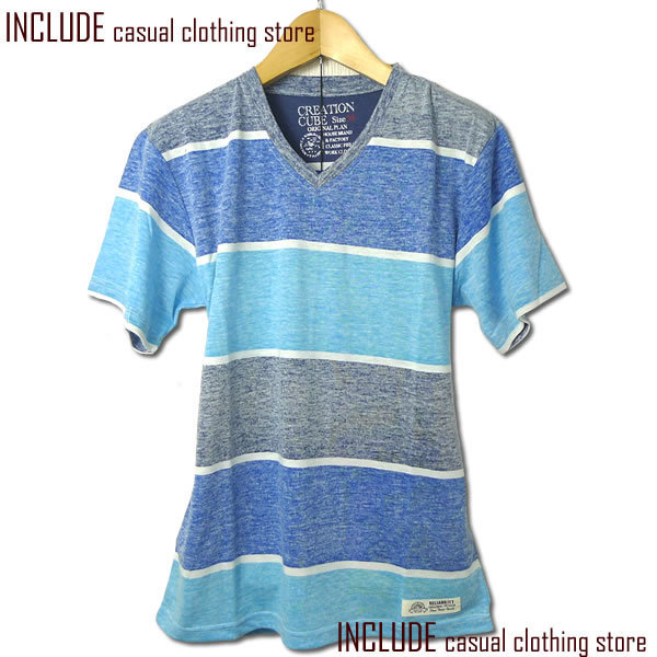 ボーダー 裏プリント 半袖 Vネック Tシャツ カットソー メンズ リゾート 夏 L 送料込 クリックポスト拍卖