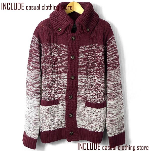 ドンキー衿ケーブル編グラデーションカーディガン L ワイン系 送料込拍卖