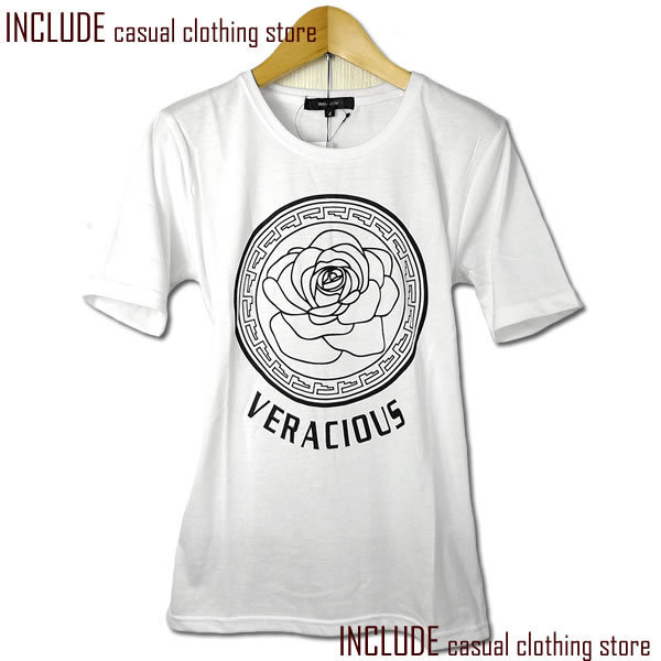 英字 ローズ プリント Uネック 半袖Tシャツ カットソー ストリート メンズ 白 XL 送料込クリックポスト拍卖