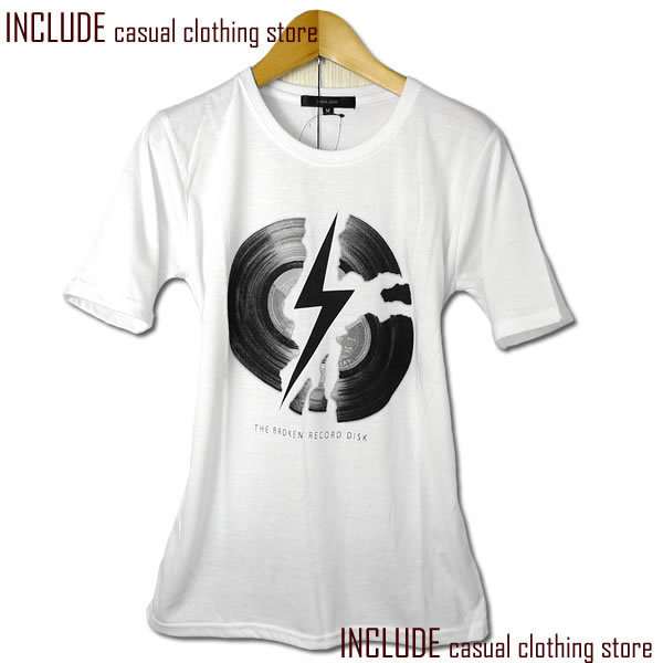 ディスク雷プリントUネック半袖Tシャツメンズ白 M 送料込 クリックポスト拍卖