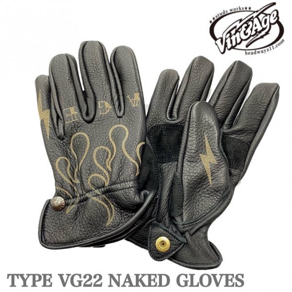 送料0 Vin&Age ヴィンアンドエイジ NAKED GLOVES ネイクド 山羊革 VG22 BLACK-M silverスタッズ エイジング加工 グローブ 春夏秋用 tattoo拍卖