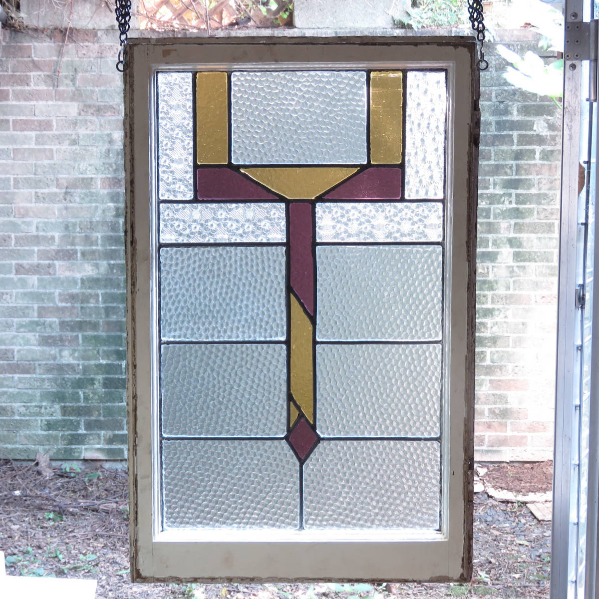 イギリスの古いステンドグラス(幾何学模様)窓枠/飾り窓/ドア/店舗什器/ディスプレイ/インテリア雑貨/内装/建具/新築/リフォーム/AL-0699拍卖