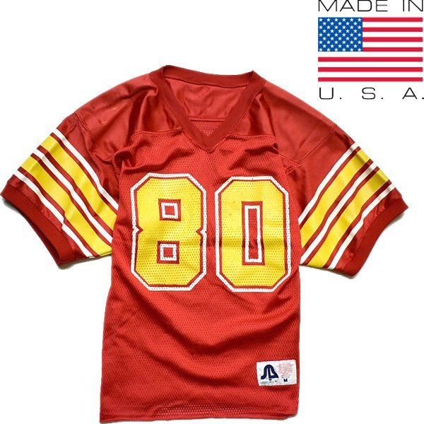 1点物◆USA製ナンバリング半袖フットボールTシャツ古着MメンズレディースOKアメカジ90sストリート/スポーツMixチームロゴ赤Vネック993495拍卖