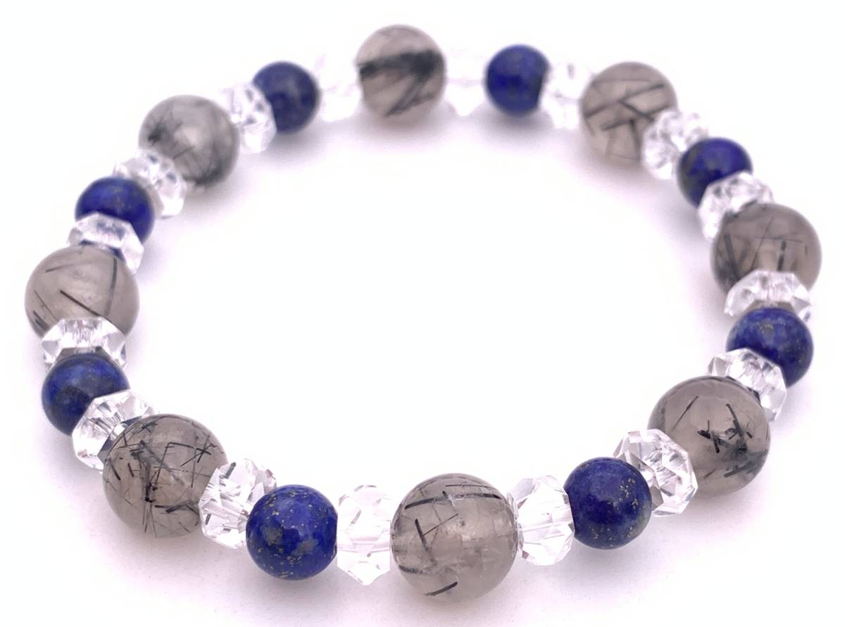 天然石ブラックルチルクォーツ(黒針水晶)&ラピスラズリのブレスレット拍卖