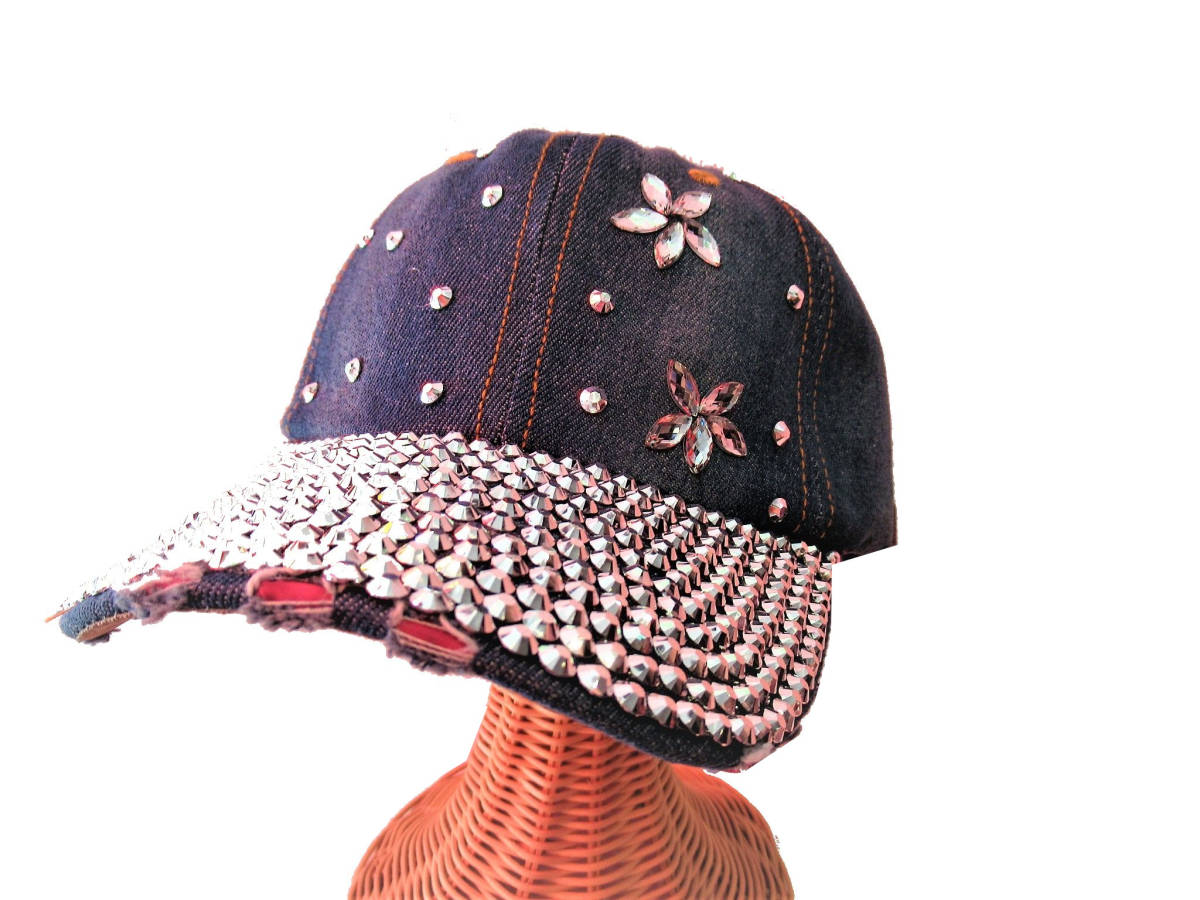レディースファッション 帽子 レディスキャップ ダメージ加工ラインストーン入り四つ葉キャップ ネイビー 106-21n拍卖