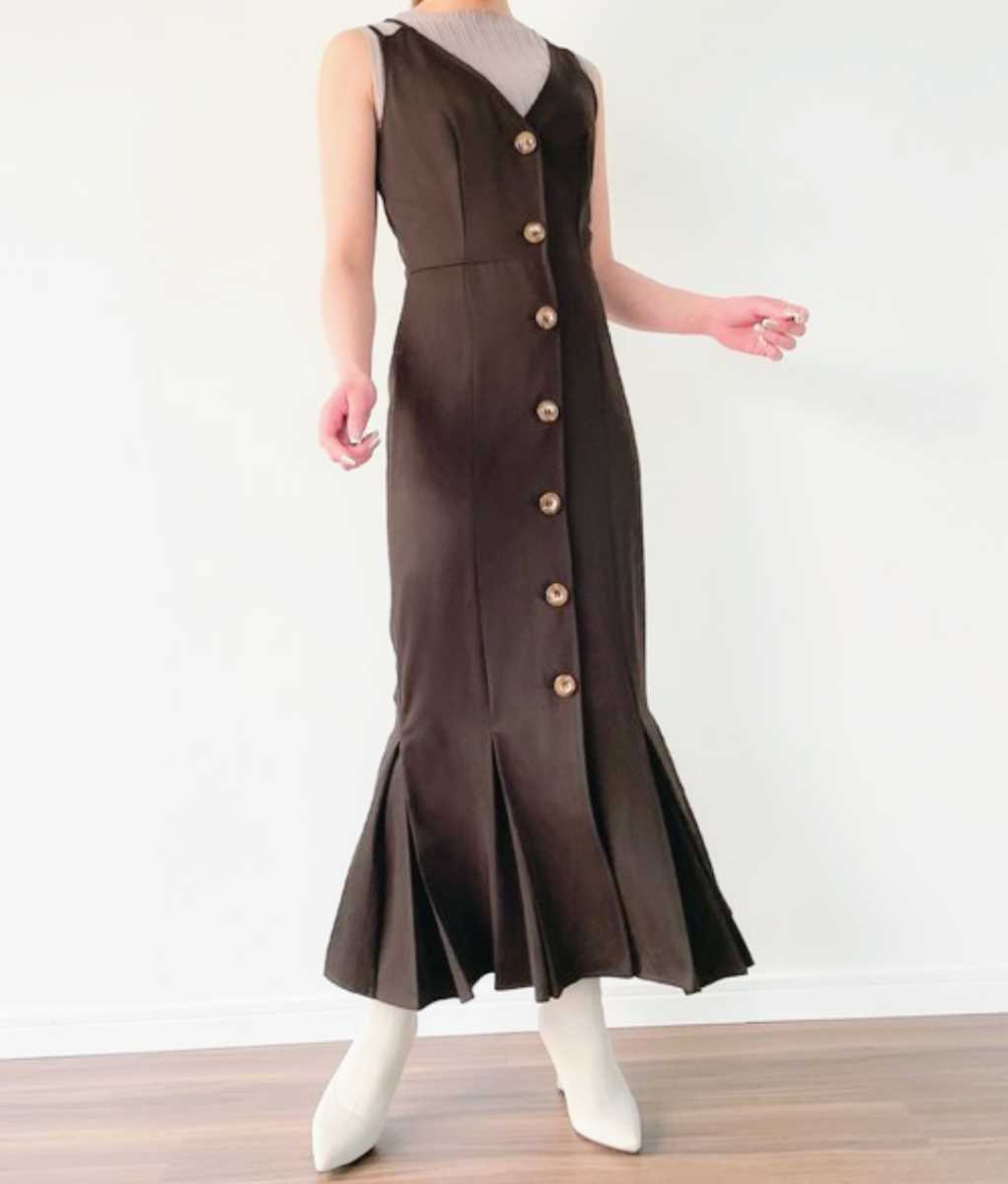 マーメイド ワンピース 前ボタン ロング ダブルストラップ キャミソール キャミワンピ ブラウン ハイウエスト Vネック XL 新品 未使用品拍卖