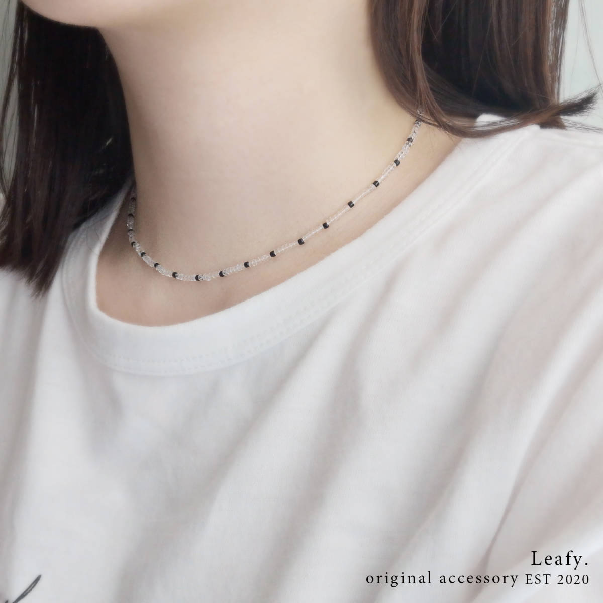 ブラック&クリアビーズのシンプルなビーズネックレス ビーズアクセサリー クリアビーズ|透明感|黒拍卖