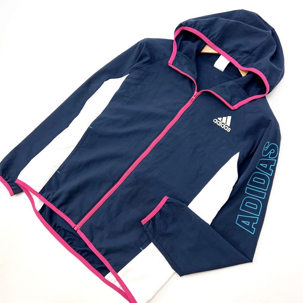 アディダス ☆ adidas 薄手 ナイロンジャケット ジップアップ ネイビー ホワイトピンク レディース M スポーティー配色♪ 運動に◎■DC150拍卖
