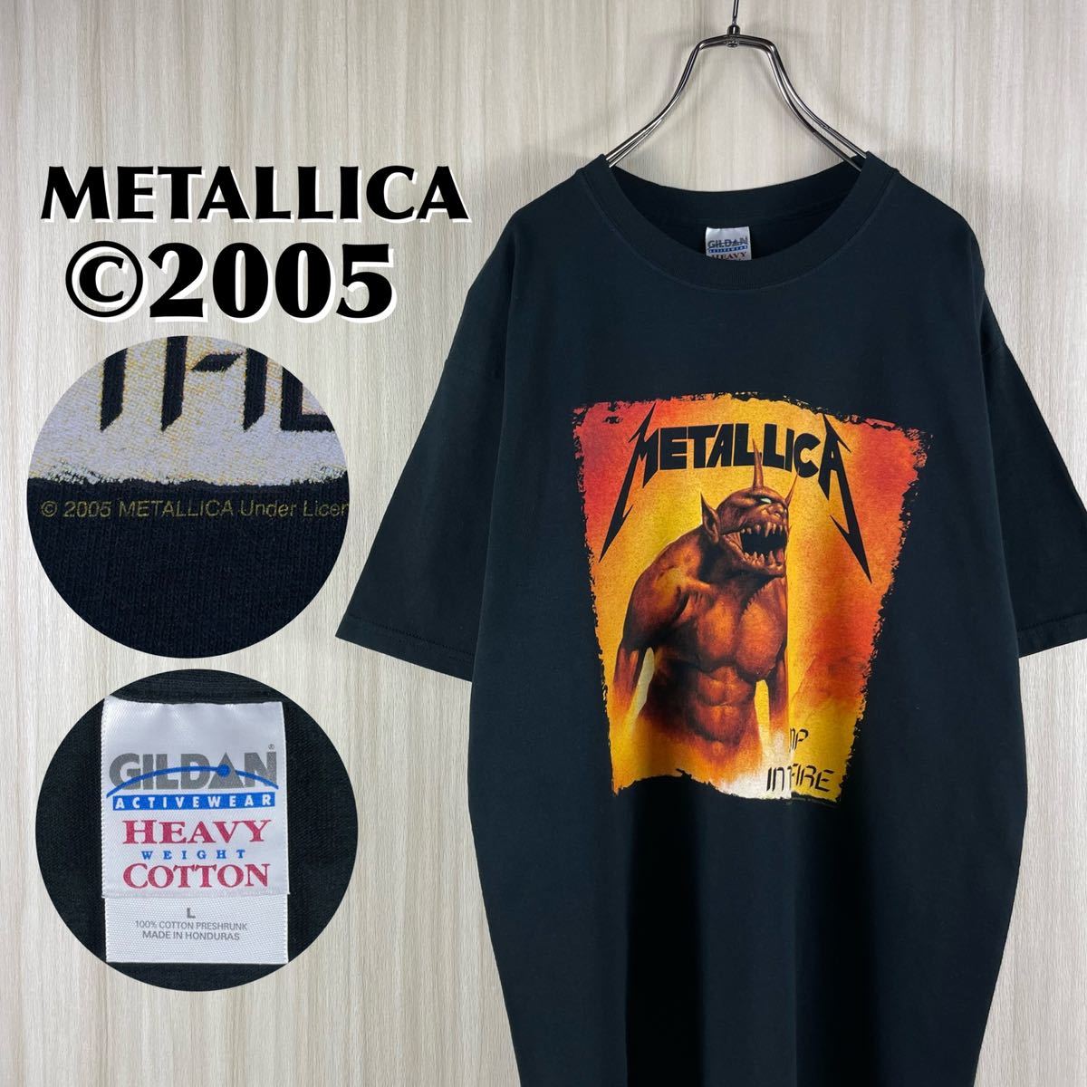 【希少アイテム】ギルダン ヘビーウエイト メタリカ ビッグプリント コピーライト2005年 バンドTシャツ バンTee Lサイズ ブラック 古着拍卖