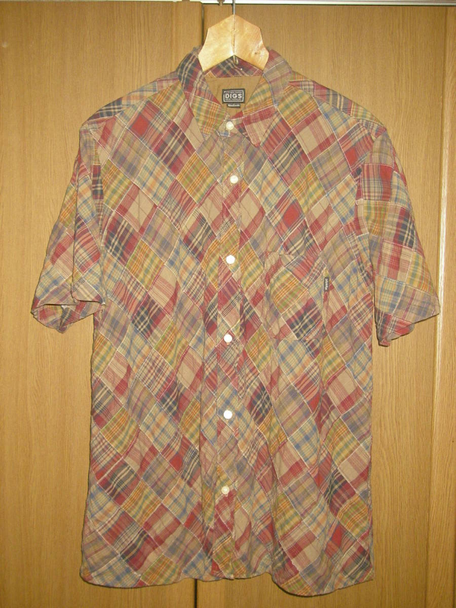 MADE IN JAPAN DIGS シップス 茶 ブラウン マドラスチェック パッチワーク シャツ 半袖 チェックシャツ M ダークマドラス 日本製拍卖