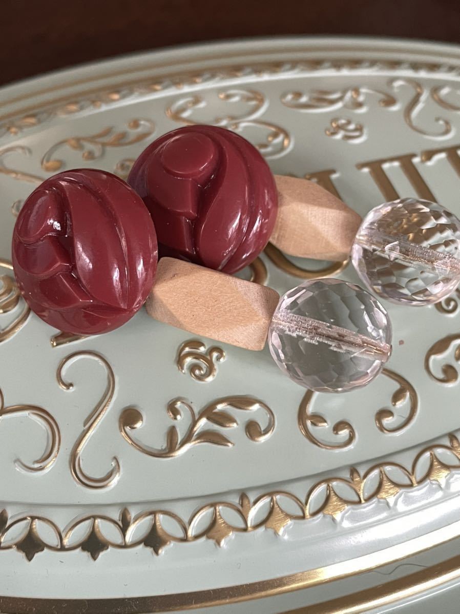 ヴィンテージボタン ウッドビーズ ミラーカットビーズ ハンドメイドピアス アンティーク クラシカル拍卖