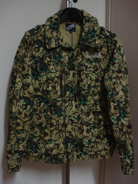 格安特大(XL・胸囲116cm位)レア廃版ハワイアン~タヒチアン系?特殊迷彩カモフラ柄地・LEFLAH(レフラー)・高級フライトジャケット系拍卖