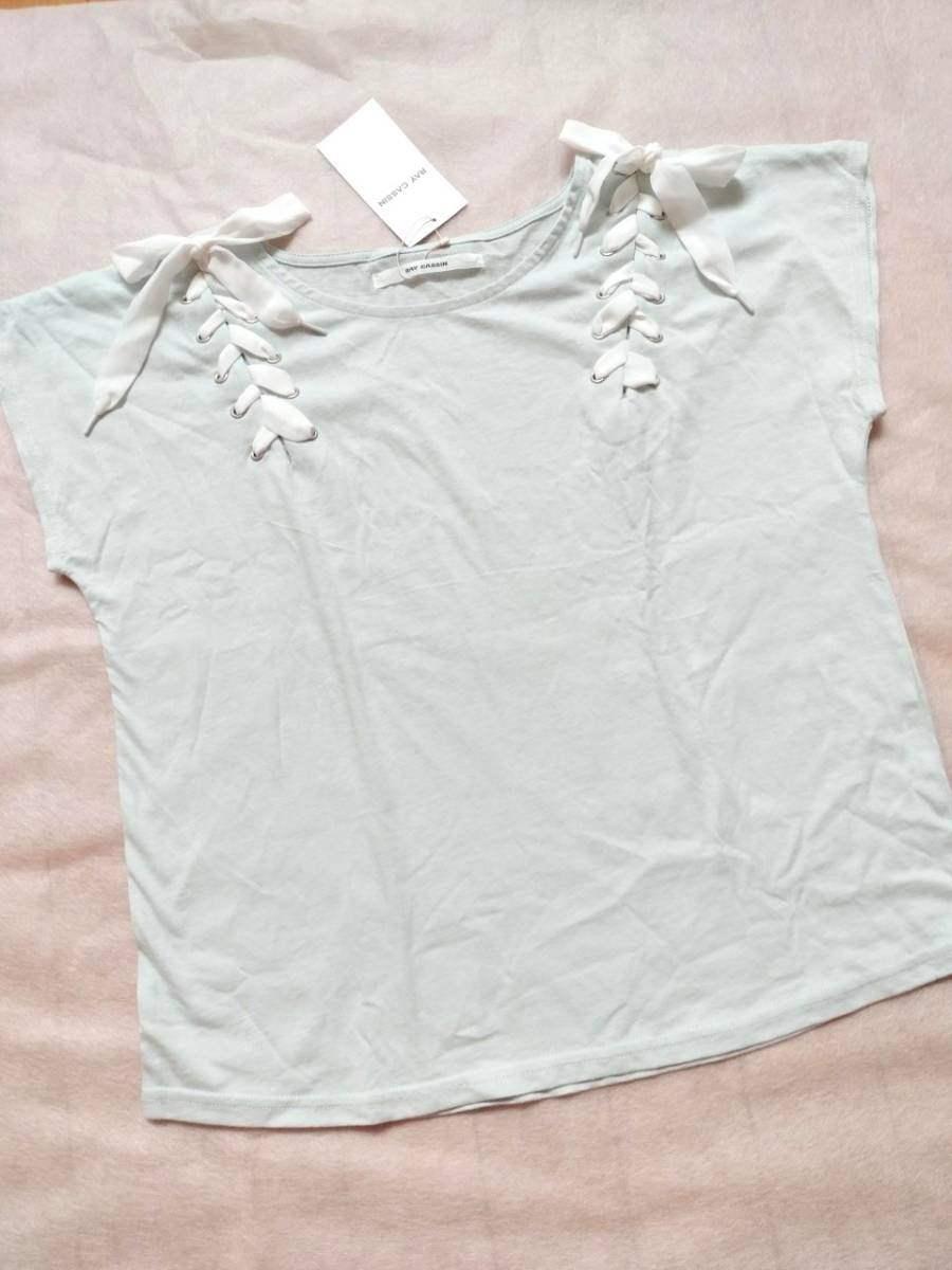 新品 レイカズン Ray Cassin コットン 綿 カットソー 編み込みリボン Tシャツ ミントカラー フリーサイズ ( M 9 )拍卖