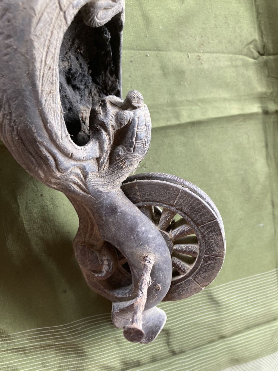 【送料無料】墨壷 鶴亀彫刻 木製 宮大工 大工道具 墨つぼ アンティーク オブジェ 拍卖