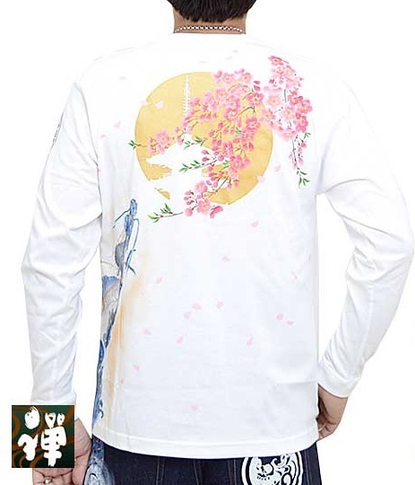 禅×がしゃ手描き長袖Tシャツ「武士髑髏×青龍」◆禅 ホワイトLサイズ KTLH0023 和柄 和風 コラボ 手書き ロングTシャツ 桜 ドクロ さくら拍卖