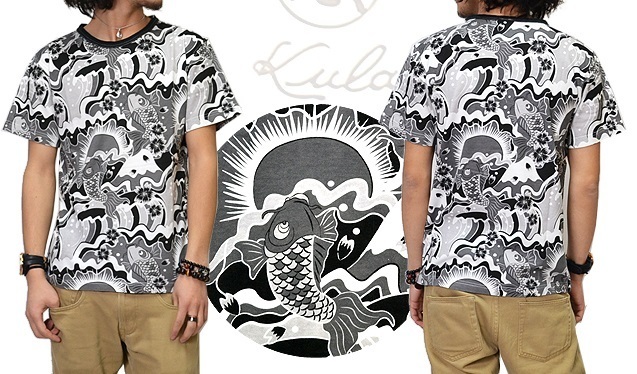 セール 特価 備中倉敷工房 倉◆鯉波総柄半袖Tシャツ◆備中倉敷工房 倉 ブラックMサイズ 和柄 和風 コイ拍卖