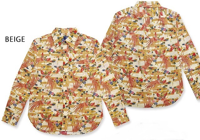 オリジナル長袖シャツ「鳳凰」◆サクラスタイル ベージュMサイズ 和柄 和風 送料無料 日本製 ロングスリーブ メンズ 総柄 国産拍卖
