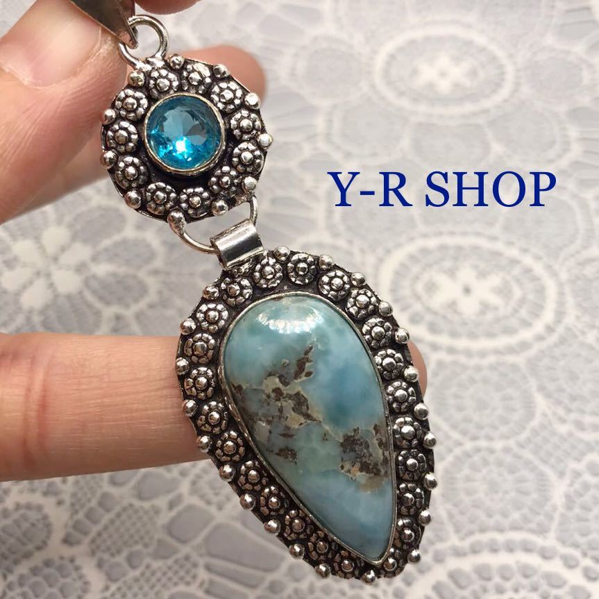 天然石★ラリマーとブルートパーズのお花デザインペンダントトップ ★レディースネックレスシルバー925刻印エスニックインドジュエリーY-R拍卖