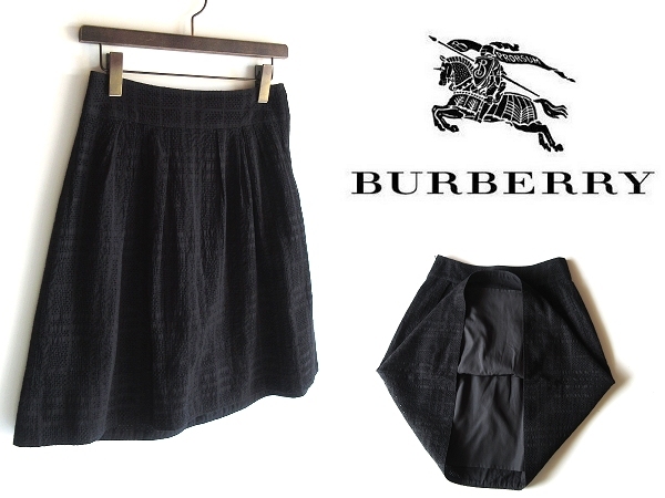 BURBERRY LONDON バーバリー ロンドン コットン シャドーノバチェック カットワークレース タック スカート 36 ブラック 黒 三陽商会正規品拍卖