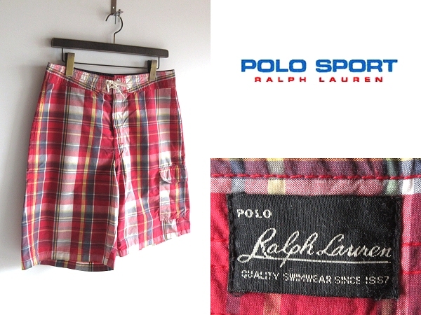 希少 90sビンテージ POLO SPORT RALPH LAUREN ポロスポーツ ラルフローレン チェック カーゴショーツ スイムショーツ ショートパンツ 30 赤拍卖