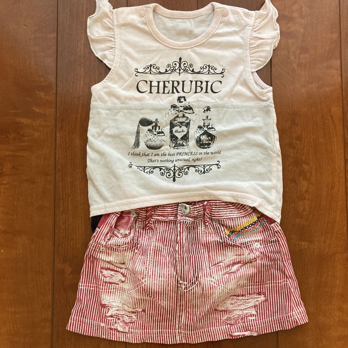 おしゃれ・ロンパース&転写・デニム柄スカート・2点セット・ピンク系・90拍卖