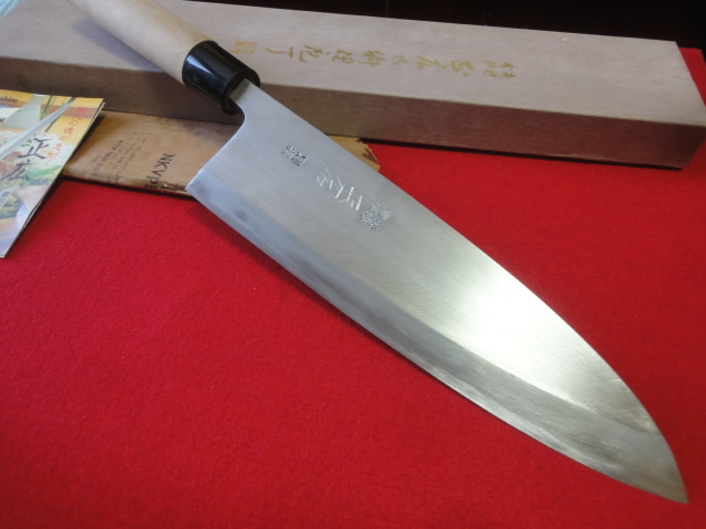 【正広】※別誂 特大出刃包丁 刃渡27.5㎝ 全長45.5㎝ 峰厚12㎜ ※箱付 ※片刃 中古品 全国一律送料1100円拍卖