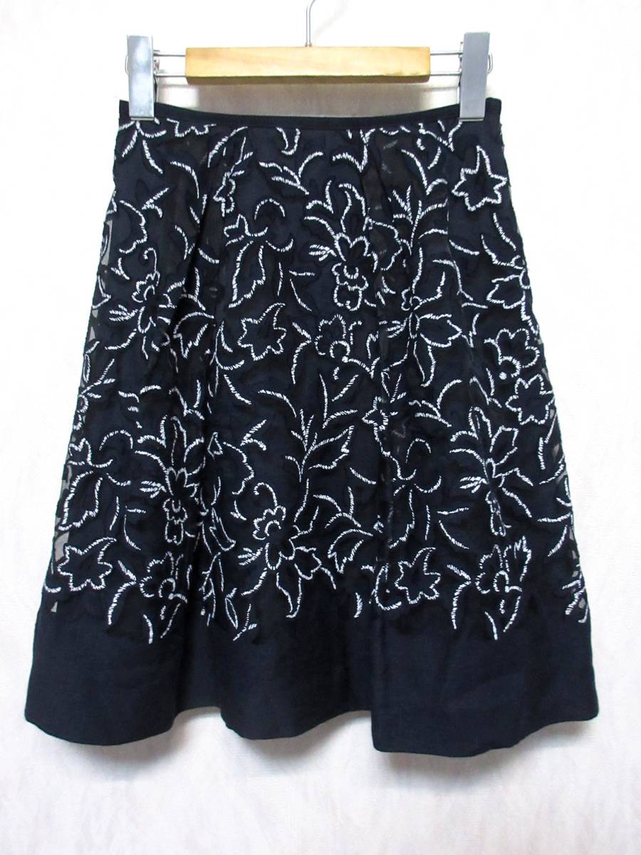 ANAYI アナイ プリーツスカート フレア 花柄 メッシュ 麻 リネン混 34 小さいサイズ 紺 irm yg1145拍卖