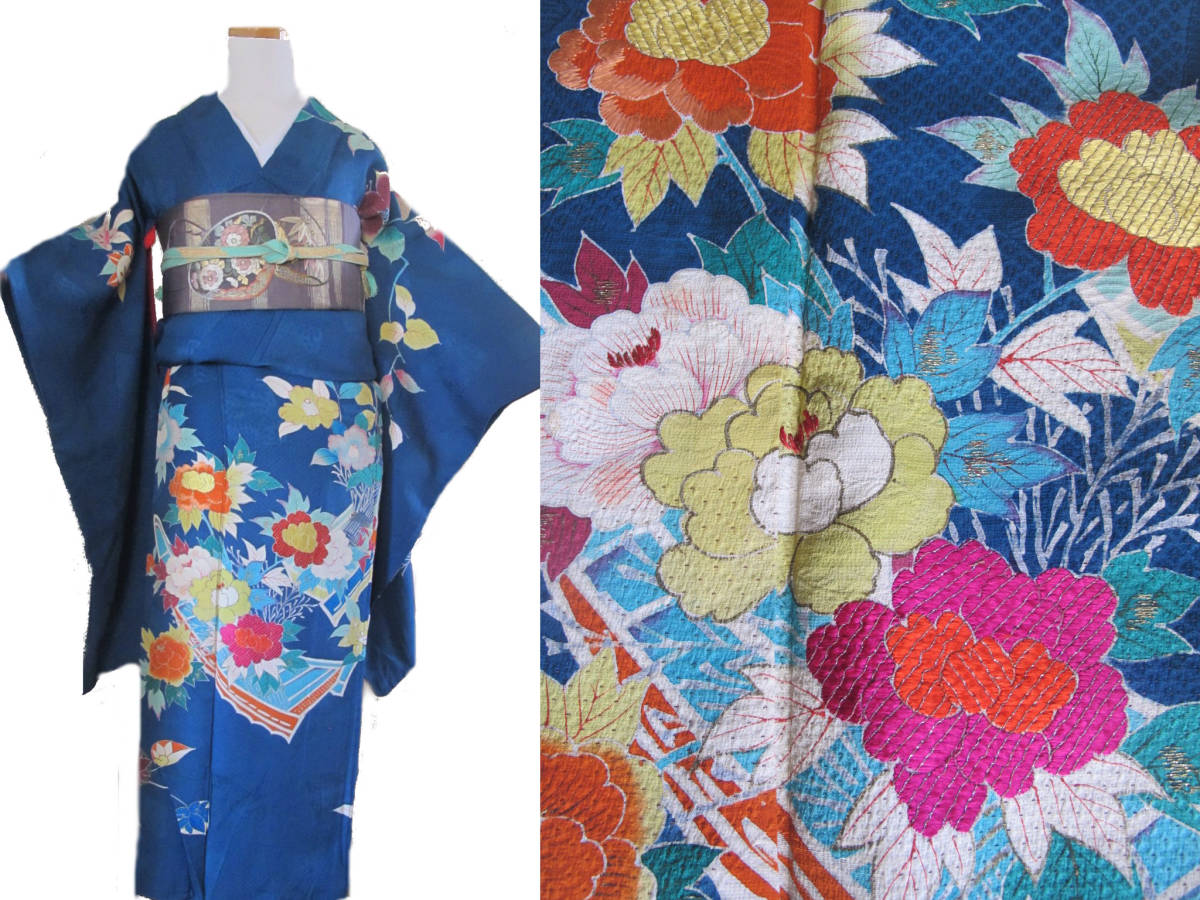珍品! 全身刺繍 花小舟アンティーク訪問着 青緑 丈あり拍卖